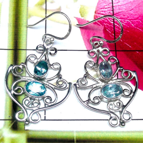 Blue Topaz H - FLE993-Two Stone 925 Sterling Silver Filigree Earring