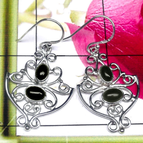Black Onyx I - FLE993-Two Stone 925 Sterling Silver Filigree Earring
