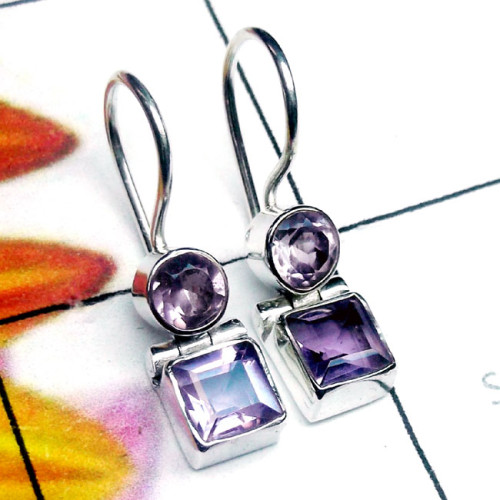 Amethyst B - SPE986-Two Stone Lightweight 925 Plain Silver Earring Amethyst B - SPE986-Two Stone Lightweight 925 Plain Silver Earring