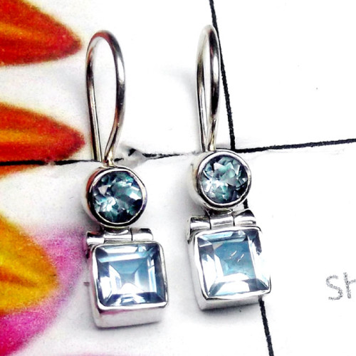 Blue Topaz C - SPE986-Two Stone Lightweight 925 Plain Silver Earring Blue Topaz C - SPE986-Two Stone Lightweight 925 Plain Silver Earring