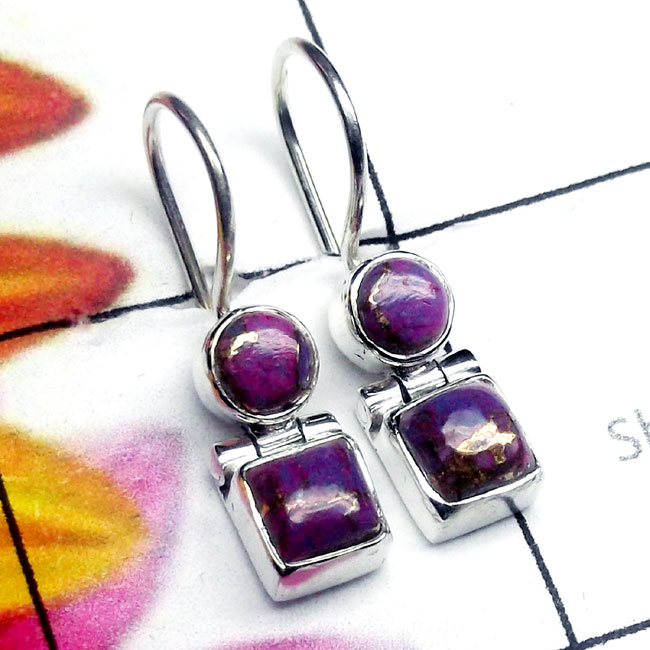 Purple Copper Turquoise E - SPE986-Two Stone Lightweight 925 Plain Silver Earring Purple Copper Turquoise E - SPE986-Two Stone Lightweight 925 Plain Silver Earring