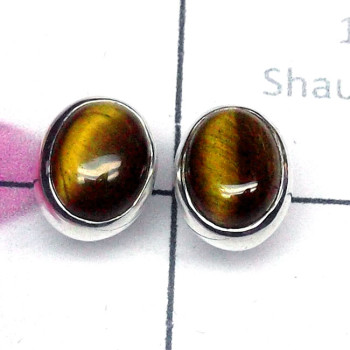 Tiger Eye O - SSE987-Small Size Cab Gemstone 925 Silver Elegant Stud Earring