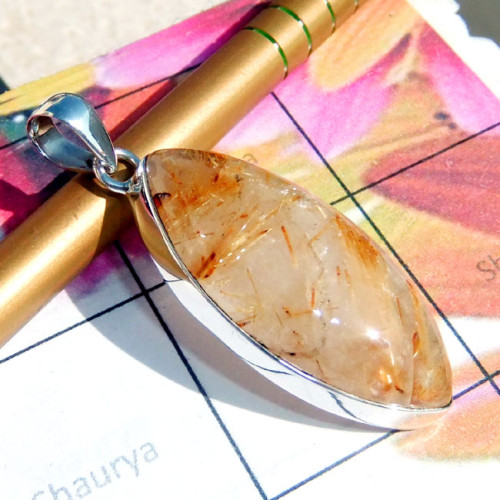 Golden Rutile O - GRT998-925 Plain Silver Golden Rutile Trendy Pendant