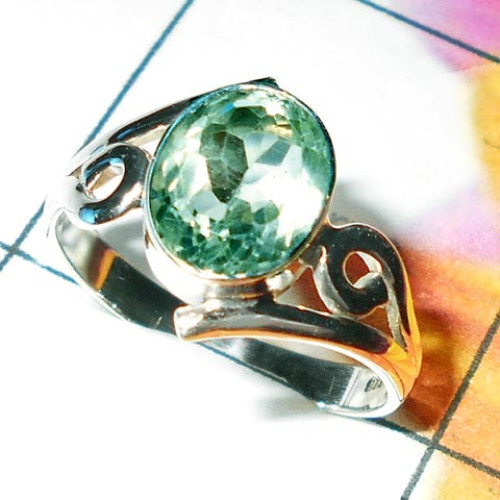 Green Amethyst cut H - SDR918-Black onyx silver Ring