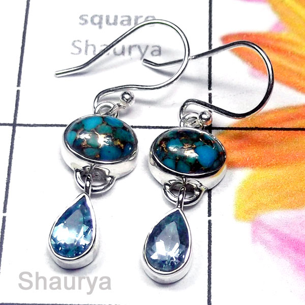 Blue Copper Turquoise G - SDE995-Cabochon gems silver Earring Blue Copper Turquoise G - SDE995-Cabochon gems silver Earring