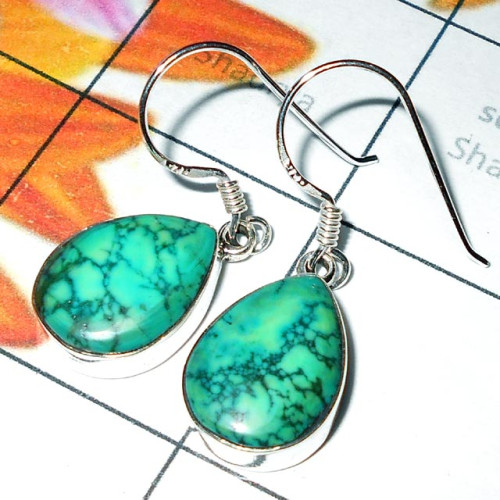 Tibet Turquoise O - SPE983-925 Silver Cabochon Plain setting Earrings