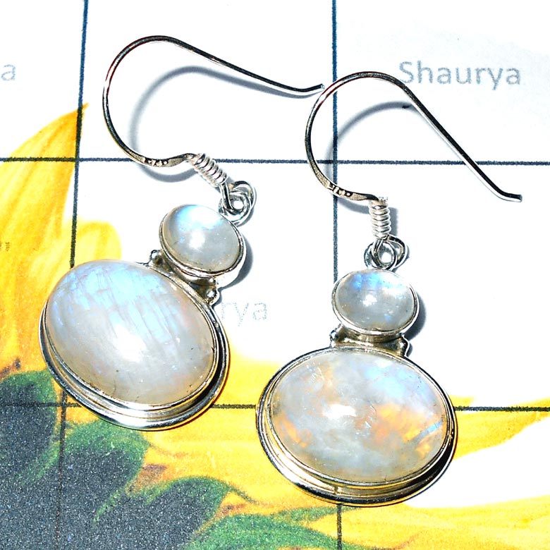 Rainbow Moonstone A - CMJ933-Blue Fire gems silver Earring wholesale