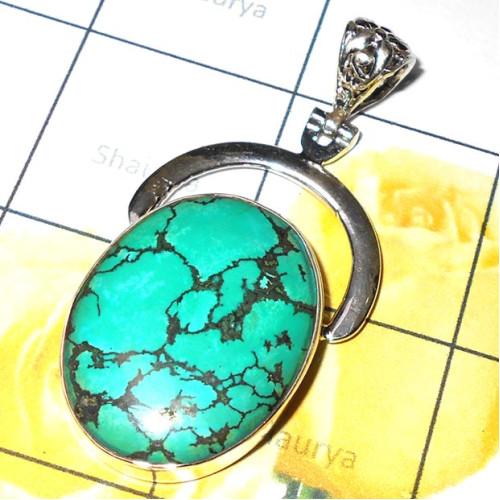 Tibet Turquoise O - ISP905-Tibitan Turquoise gems silver Plain Pendant