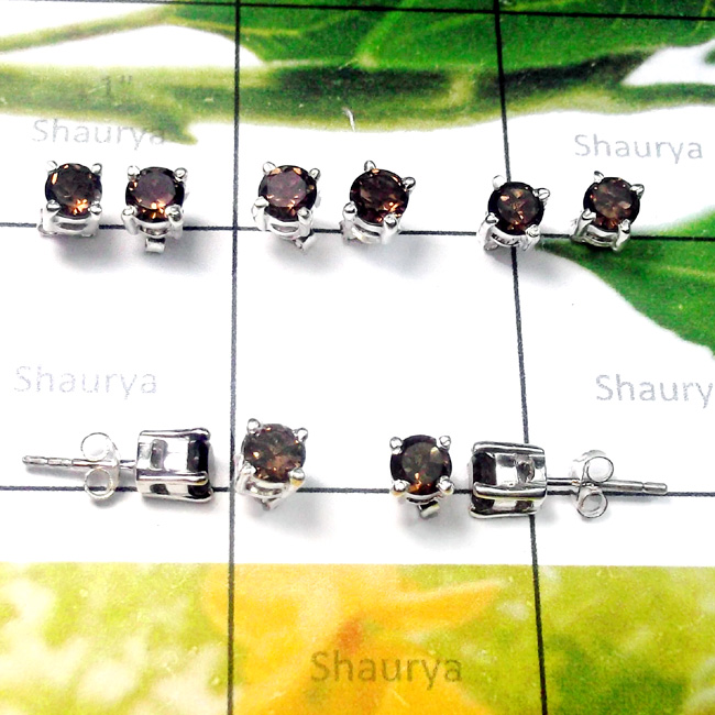 Smokey D - SSE983-5 Pair Lightweight 925 Silver Cut Gemstone Stud Earring