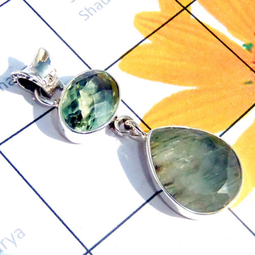 Green Amethyst C - ISP901-Multi Cut Gemstone 925 Sterling Silver Trendy Pendant