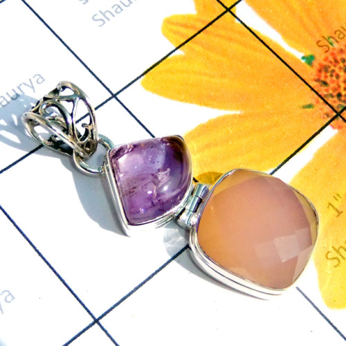 Rose Quartz D - ISP901-Multi Cut Gemstone 925 Sterling Silver Trendy Pendant