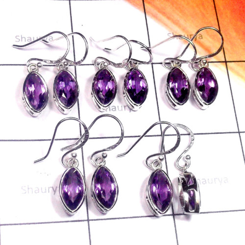 Amethyst B - CES978-925 Sterling Silver 5Pair Cut Amethyst Lightweight Castin Amethyst B - CES978-925 Sterling Silver 5Pair Cut Amethyst Lightweight Castin