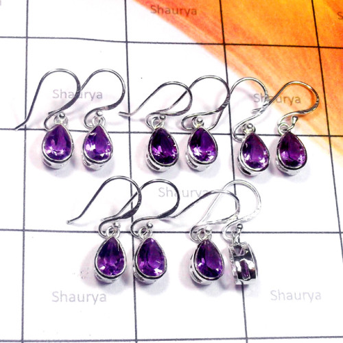 Amethyst C - CES978-925 Sterling Silver 5Pair Cut Amethyst Lightweight Castin Amethyst C - CES978-925 Sterling Silver 5Pair Cut Amethyst Lightweight Castin