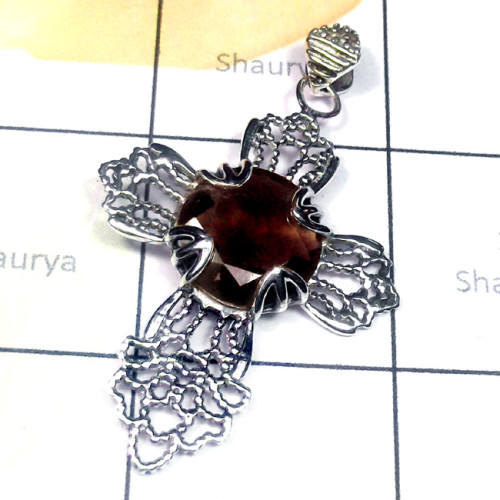 Smokey A - CSP964-Superior 925 Silver Cut Gemstone Cross Casting Pendant Smokey A - CSP964-Superior 925 Silver Cut Gemstone Cross Casting Pendant