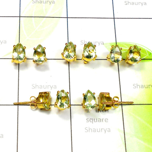 6x9mm Green Amethyst A - SGE967-5 Pair Cut 925 Sterling Silver Gold Plated Vermeil Stud 6x9mm Green Amethyst A - SGE967-5 Pair Cut 925 Sterling Silver Gold Plated Vermeil Stud