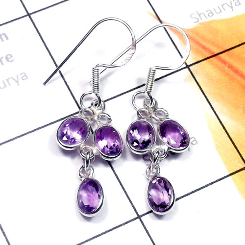 Amethyst O - BZE977-Cut Three Stone 925 Exclusive Silver Bejal Fancy Earring Amethyst O - BZE977-Cut Three Stone 925 Exclusive Silver Bejal Fancy Earring