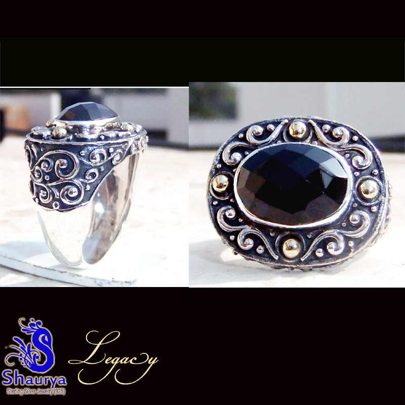 Black Onyx C - FBJ997-925 Silver Oxidised Two Tone Filigree Bali Ring Black Onyx C - FBJ997-925 Silver Oxidised Two Tone Filigree Bali Ring