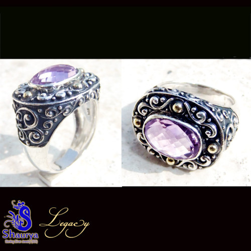 Amethyst D - FBJ997-925 Silver Oxidised Two Tone Filigree Bali Ring Amethyst D - FBJ997-925 Silver Oxidised Two Tone Filigree Bali Ring
