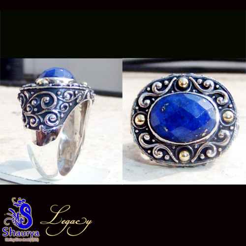Lapis E - FBJ997-925 Silver Oxidised Two Tone Filigree Bali Ring Lapis E - FBJ997-925 Silver Oxidised Two Tone Filigree Bali Ring