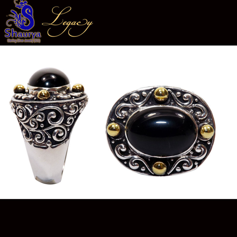 Black onyx cab F - FBJ997-925 Silver Oxidised Two Tone Filigree Bali Ring Black onyx cab F - FBJ997-925 Silver Oxidised Two Tone Filigree Bali Ring