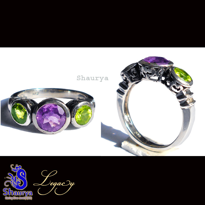 Amethyst n Peridot C - FBJ996-925 Sterling Silver n Cut Gemstone Filigree Bali Ring