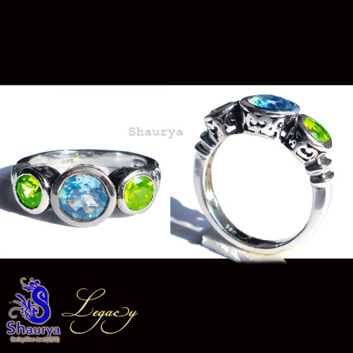 Blue Topaz n Peridot D - FBJ996-925 Sterling Silver n Cut Gemstone Filigree Bali Ring Blue Topaz n Peridot D - FBJ996-925 Sterling Silver n Cut Gemstone Filigree Bali Ring