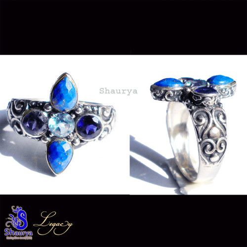 Lapis, Blue Topaz n Iolite H - FBJ996-925 Sterling Silver n Cut Gemstone Filigree Bali Ring Lapis, Blue Topaz n Iolite H - FBJ996-925 Sterling Silver n Cut Gemstone Filigree Bali Ring
