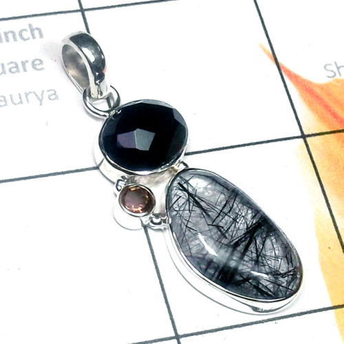 Black Rutile E - ISP898-Cut Gemstone 925 Plain Silver Stunning Pendant Black Rutile E - ISP898-Cut Gemstone 925 Plain Silver Stunning Pendant