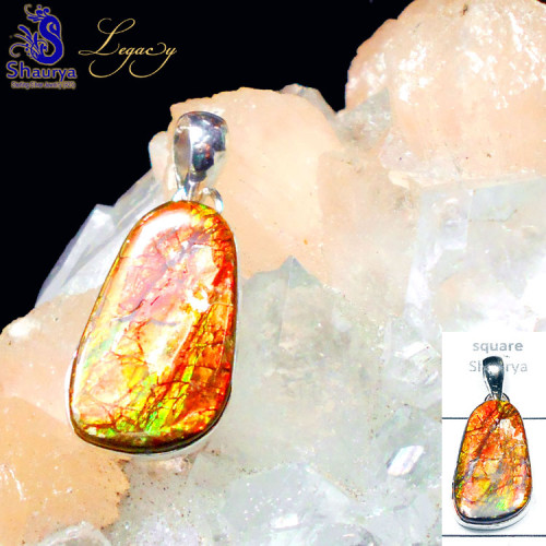Red n Yellow Fire Ammolite A - ALG995-Canadian Ammolite Made in 925 Silver with Color Fire Pend Red n Yellow Fire Ammolite A - ALG995-Canadian Ammolite Made in 925 Silver with Color Fire Pend