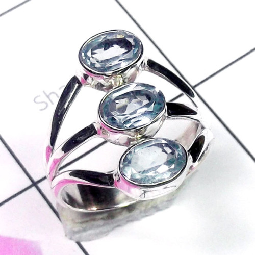 Blue Topaz F - PSR939-Three Stone 925 Plain Silver Wholesale Ring Blue Topaz F - PSR939-Three Stone 925 Plain Silver Wholesale Ring