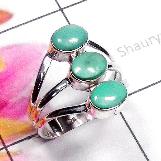 blue copper Turquoise H - PSR939-Three Stone 925 Plain Silver Wholesale Ring