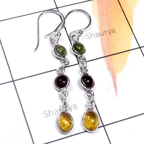 Tourmaline Cab A - BZE964-Tourmaline Cab 925 Plain Silver Long Bejal Earring