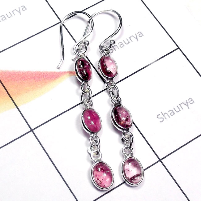 Tourmaline Cab B - BZE964-Tourmaline Cab 925 Plain Silver Long Bejal Earring
