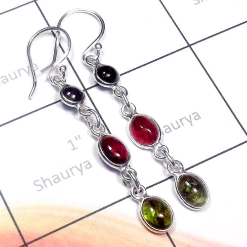 Tourmaline Cab C - BZE964-Tourmaline Cab 925 Plain Silver Long Bejal Earring
