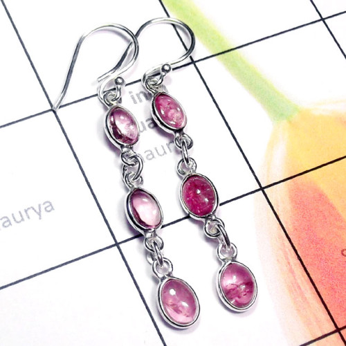 Tourmaline Cab D - BZE964-Tourmaline Cab 925 Plain Silver Long Bejal Earring