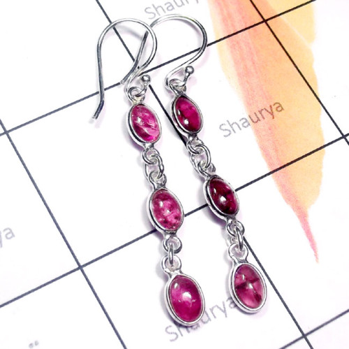 Tourmaline Cab E - BZE964-Tourmaline Cab 925 Plain Silver Long Bejal Earring
