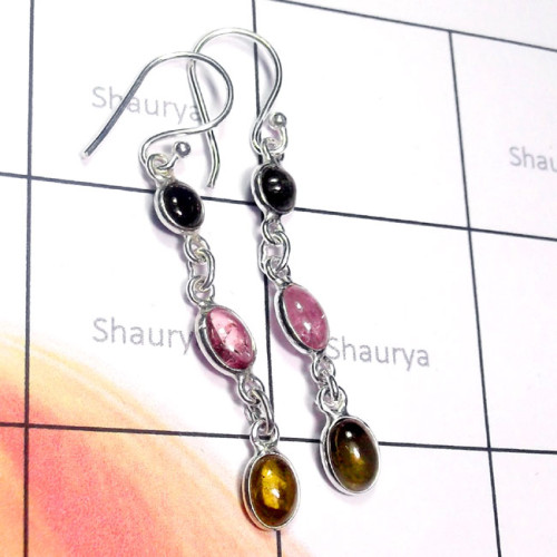 Tourmaline Cab G - BZE964-Tourmaline Cab 925 Plain Silver Long Bejal Earring