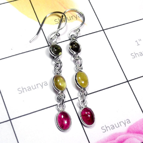 Tourmaline Cab O - BZE964-Tourmaline Cab 925 Plain Silver Long Bejal Earring