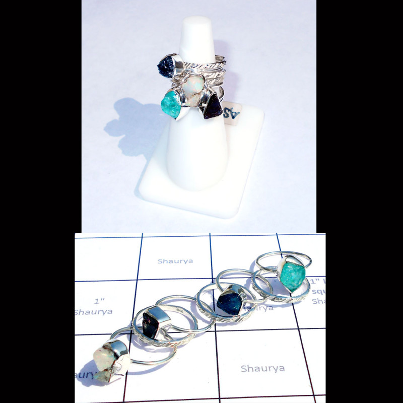 Mix Rough Gemstone A - STK999-Multi Rough Stone 925 Silver Lightweight 7 Stackable Ring Mix Rough Gemstone A - STK999-Multi Rough Stone 925 Silver Lightweight 7 Stackable Ring