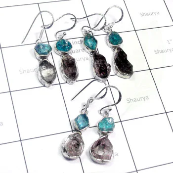 Herkimer Diamond O - RGE981-Rough with Cab Gemstone 3 Pair 925 Silver Lightweight Ear Herkimer Diamond O - RGE981-Rough with Cab Gemstone 3 Pair 925 Silver Lightweight Ear