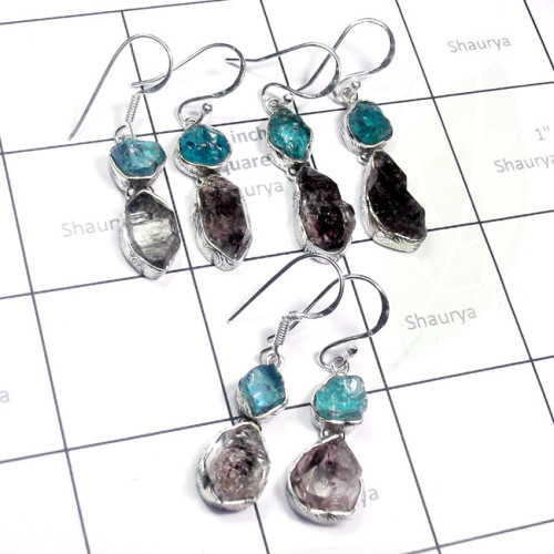 Herkimer Diamond O - RGE981-Rough with Cab Gemstone 3 Pair 925 Silver Lightweight Ear