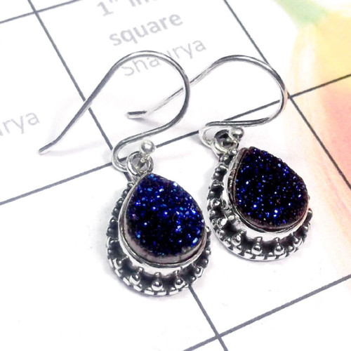 Flat Druzy A - SDE878-Druzy n Labradorite Cut Gemstone 925 Silver Handmade Desi