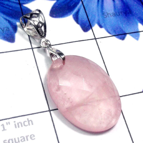 Rose Quartz A - SDP881-Checker Cut Rose Quartz 925 Silver Drilled Pendant Rose Quartz A - SDP881-Checker Cut Rose Quartz 925 Silver Drilled Pendant