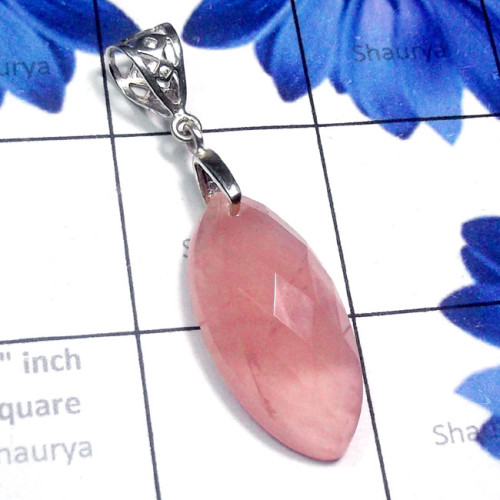 Rose Quartz B - SDP881-Checker Cut Rose Quartz 925 Silver Drilled Pendant Rose Quartz B - SDP881-Checker Cut Rose Quartz 925 Silver Drilled Pendant