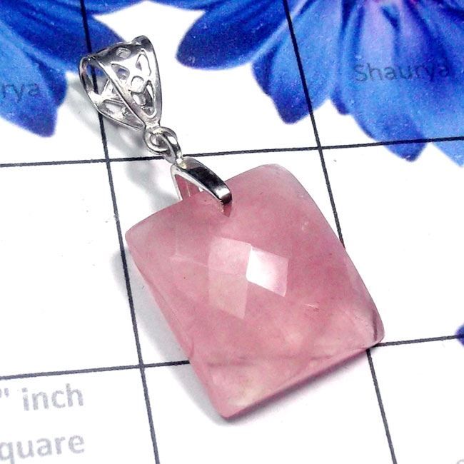 Rose Quartz C - SDP881-Checker Cut Rose Quartz 925 Silver Drilled Pendant