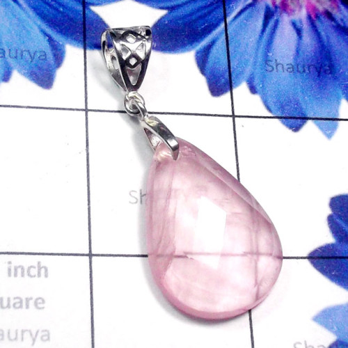 Rose Quartz O - SDP881-Checker Cut Rose Quartz 925 Silver Drilled Pendant