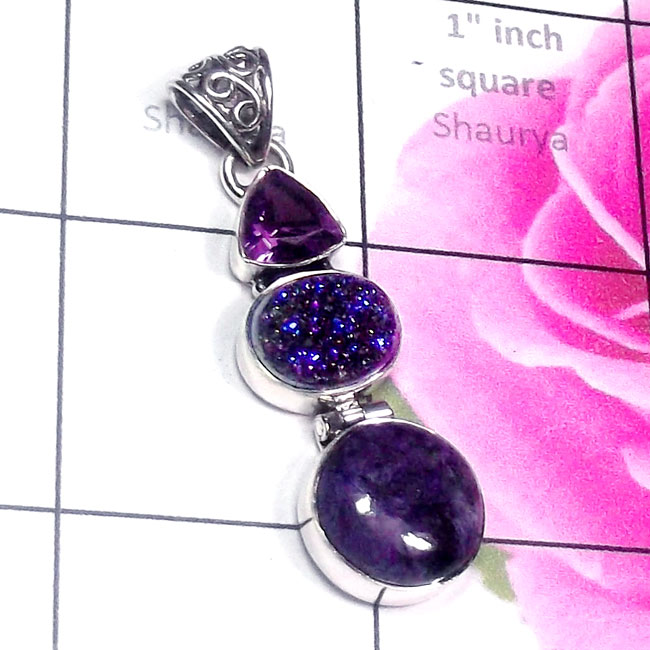 Charoite n Window Druzy G - SD798-Cherolite with Druzy n Amethyst 925 Silver Stunning Pendan