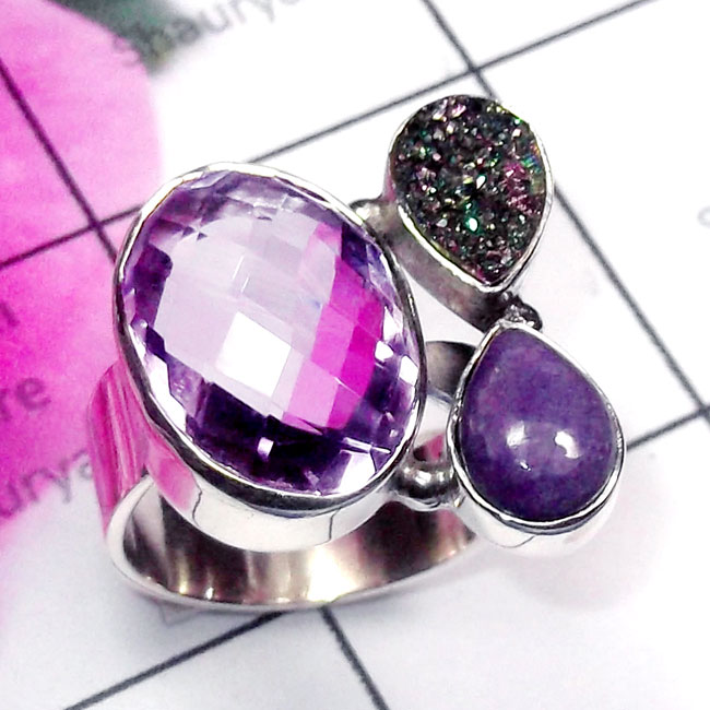 Amethyst, Charoite, B - CLR968-Black Onyx, Rainbow, Amethyst, 925 Silver Adjustable Clus Amethyst, Charoite, B - CLR968-Black Onyx, Rainbow, Amethyst, 925 Silver Adjustable Clus