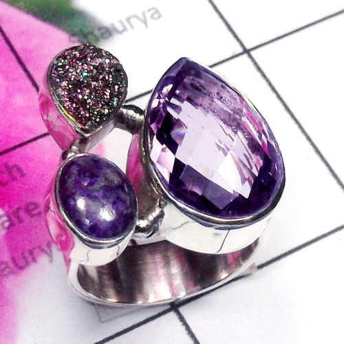 Amethyst, Charoite, D - CLR968-Black Onyx, Rainbow, Amethyst, 925 Silver Adjustable Clus
