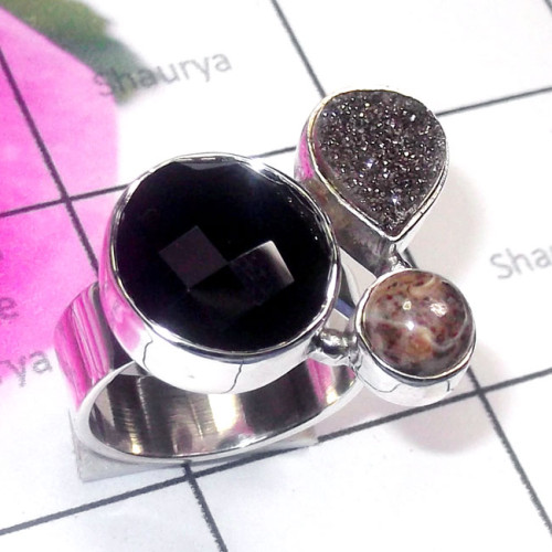 Black onyx, Turtella Jasper, O - CLR968-Black Onyx, Rainbow, Amethyst, 925 Silver Adjustable Clus